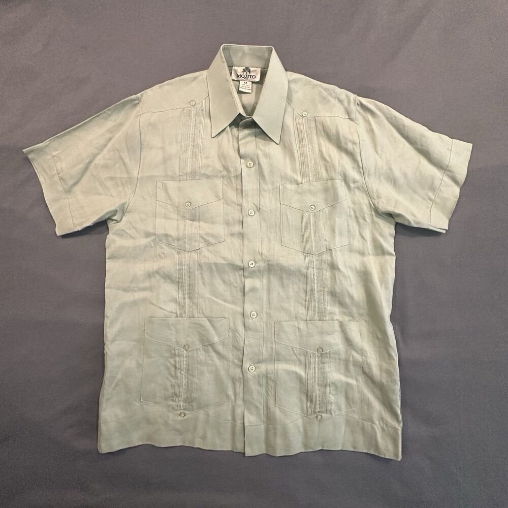 Mojito Collection 100% Linen Guayabera Shirt Mens M Green Costal Beach Cuban